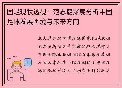 国足现状透视：范志毅深度分析中国足球发展困境与未来方向