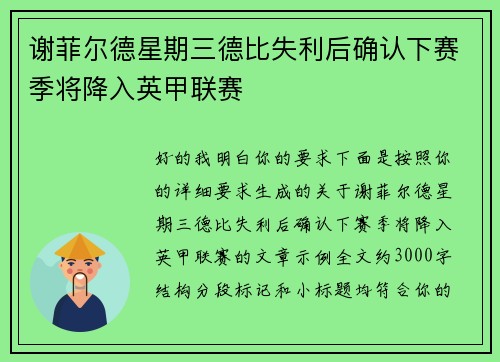 谢菲尔德星期三德比失利后确认下赛季将降入英甲联赛