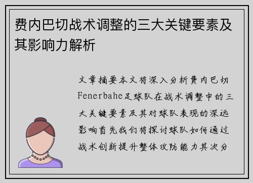 费内巴切战术调整的三大关键要素及其影响力解析