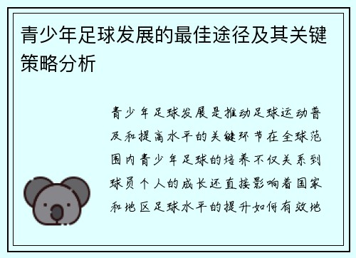 青少年足球发展的最佳途径及其关键策略分析 青少年足球发展的最佳途径及其关键策略分析