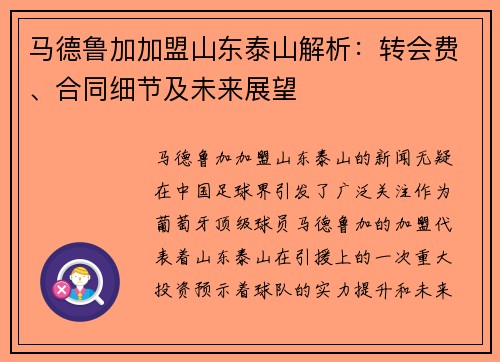 马德鲁加加盟山东泰山解析：转会费、合同细节及未来展望
