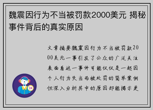 魏震因行为不当被罚款2000美元 揭秘事件背后的真实原因