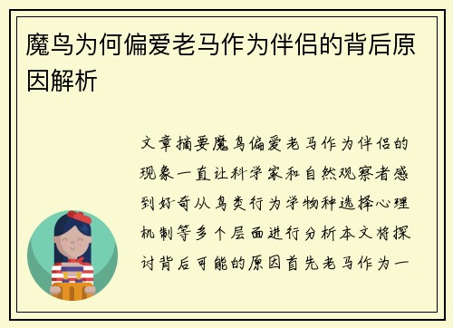 魔鸟为何偏爱老马作为伴侣的背后原因解析